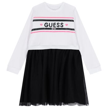 Girls White & Black Logo Tulle Dress