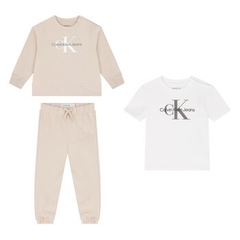 Baby Boys Beige & White Tracksuit 3-Piece Set