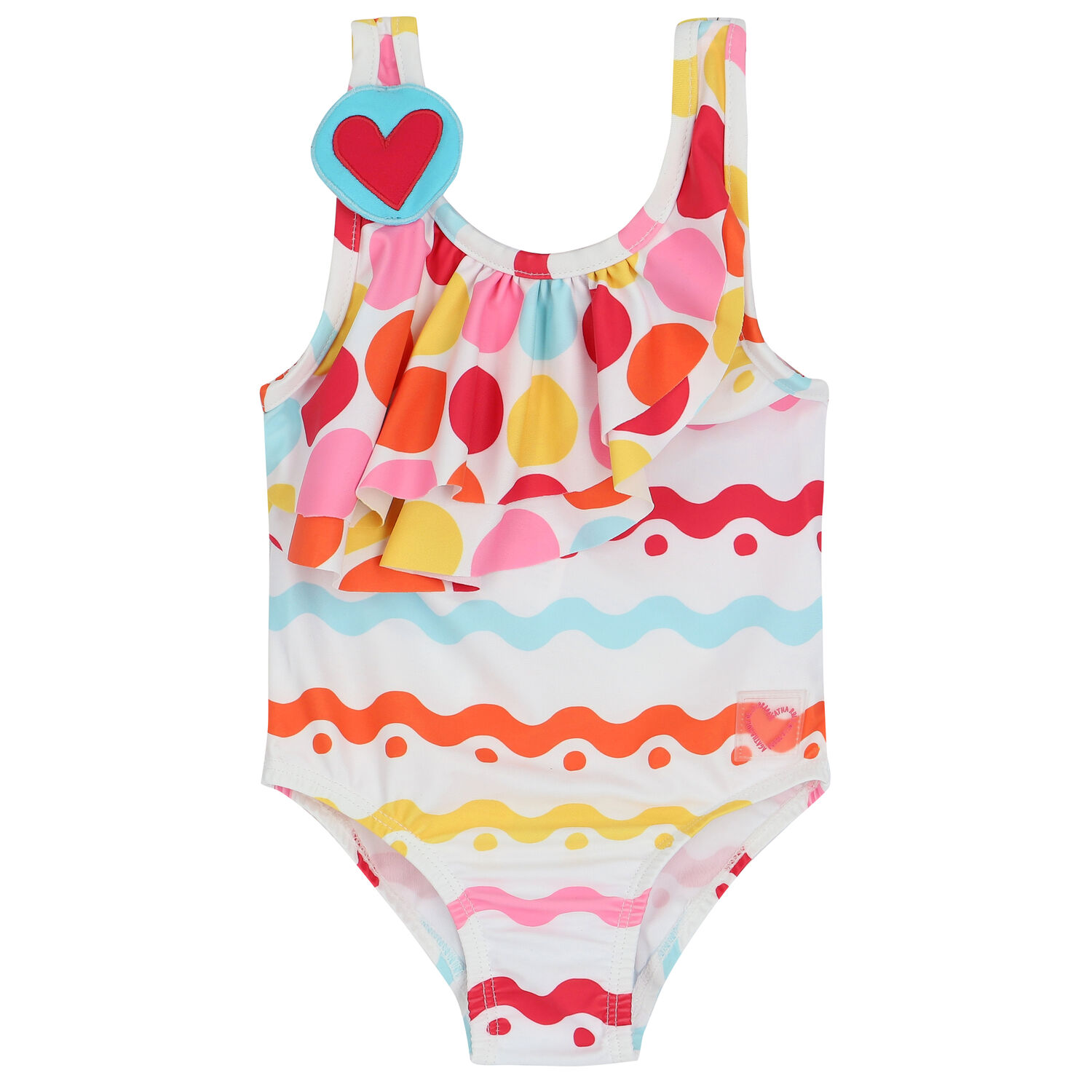 Girls White Squiggle Swimsuit, 1, hi-res