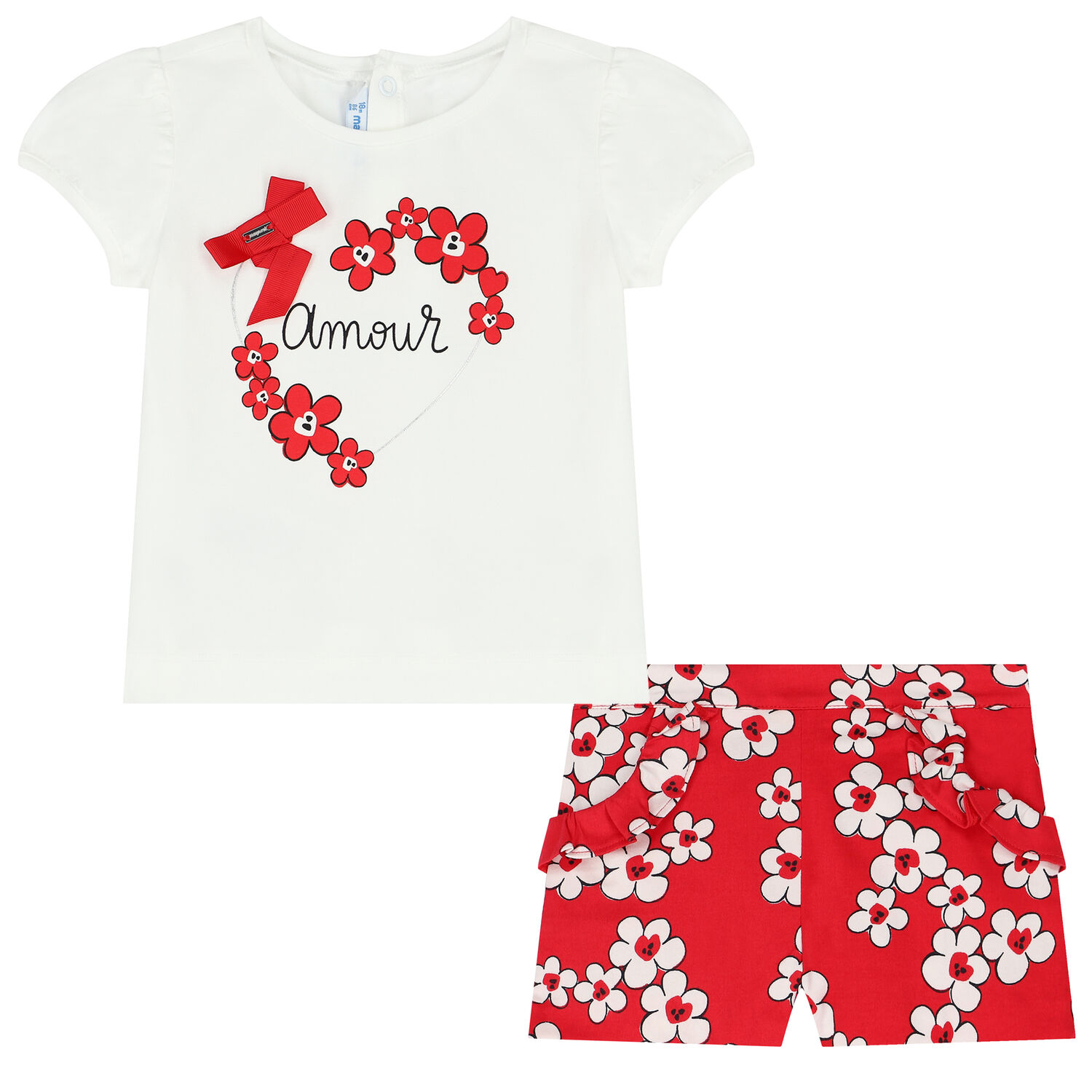 Younger Girls White & Red Floral Shorts Set, 2, hi-res