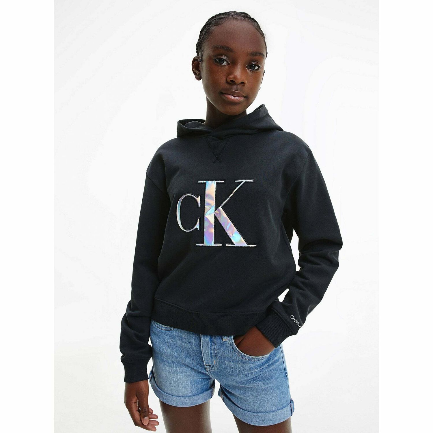 تيشيرت بالقبعة بالشعار قزحى باللون الاسود للبنات, 1, hi-res