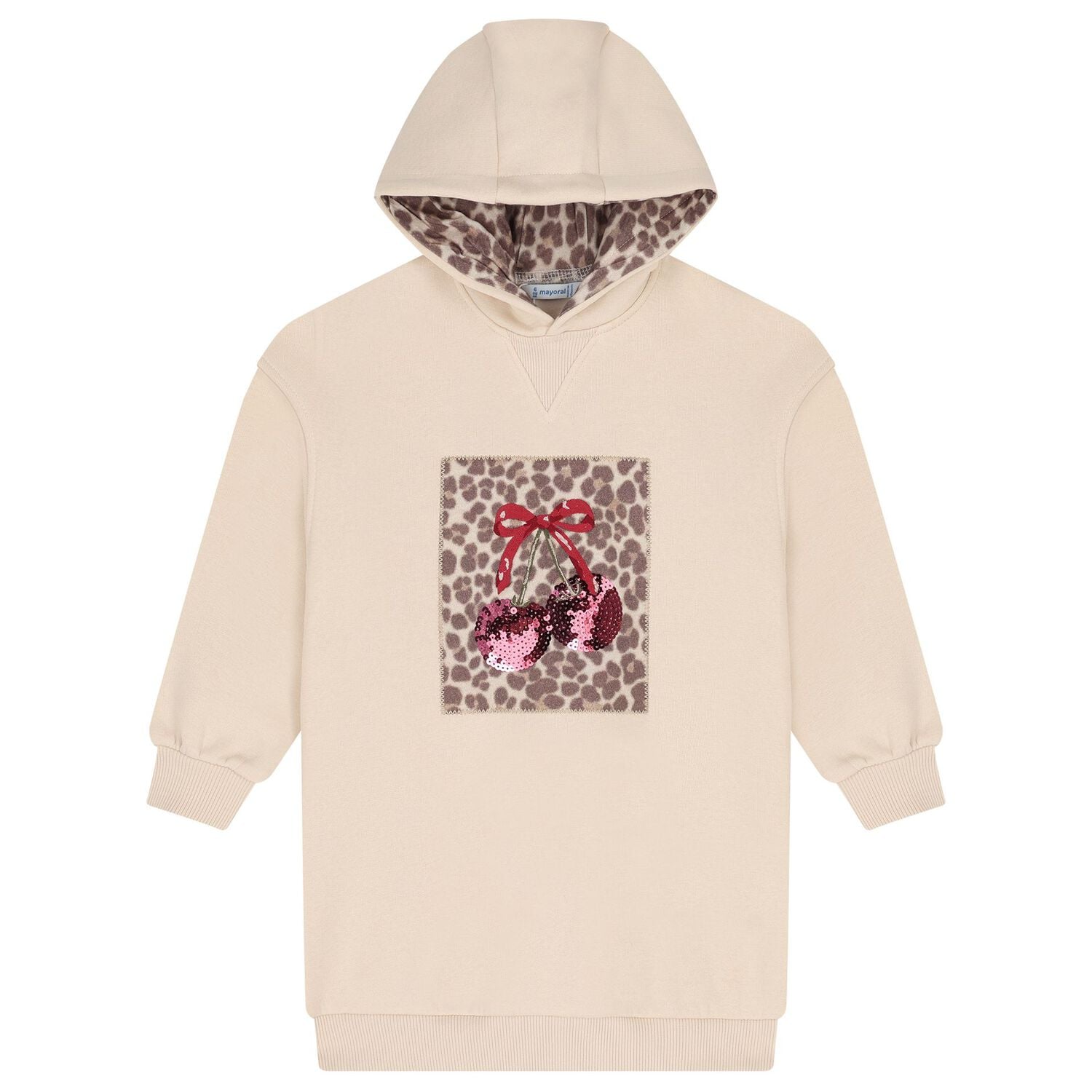 Girls Beige Embellished Cherry Hooded Sweatshirt Dress, 1, hi-res