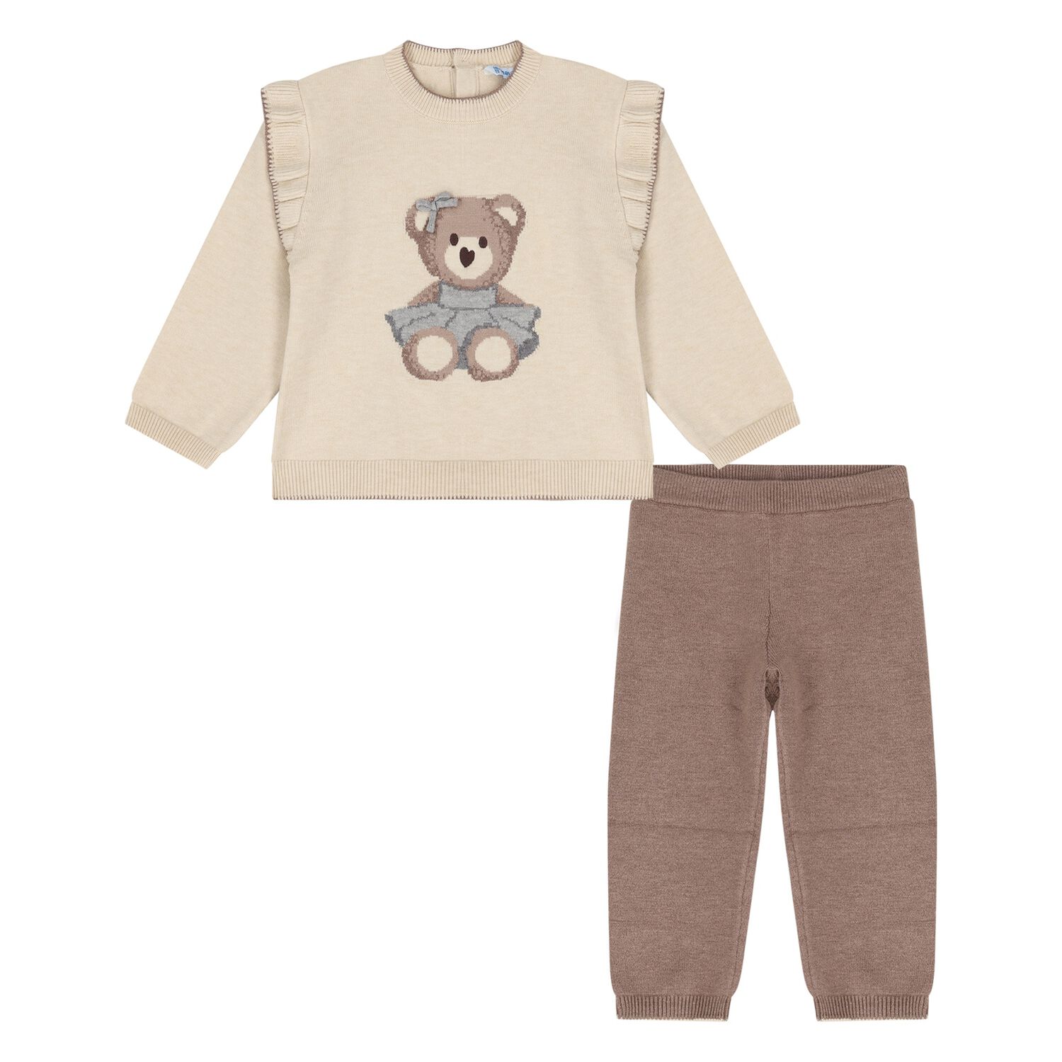 Younger Girls Beige Teddy Bear Knitted Tracksuit, 1, hi-res