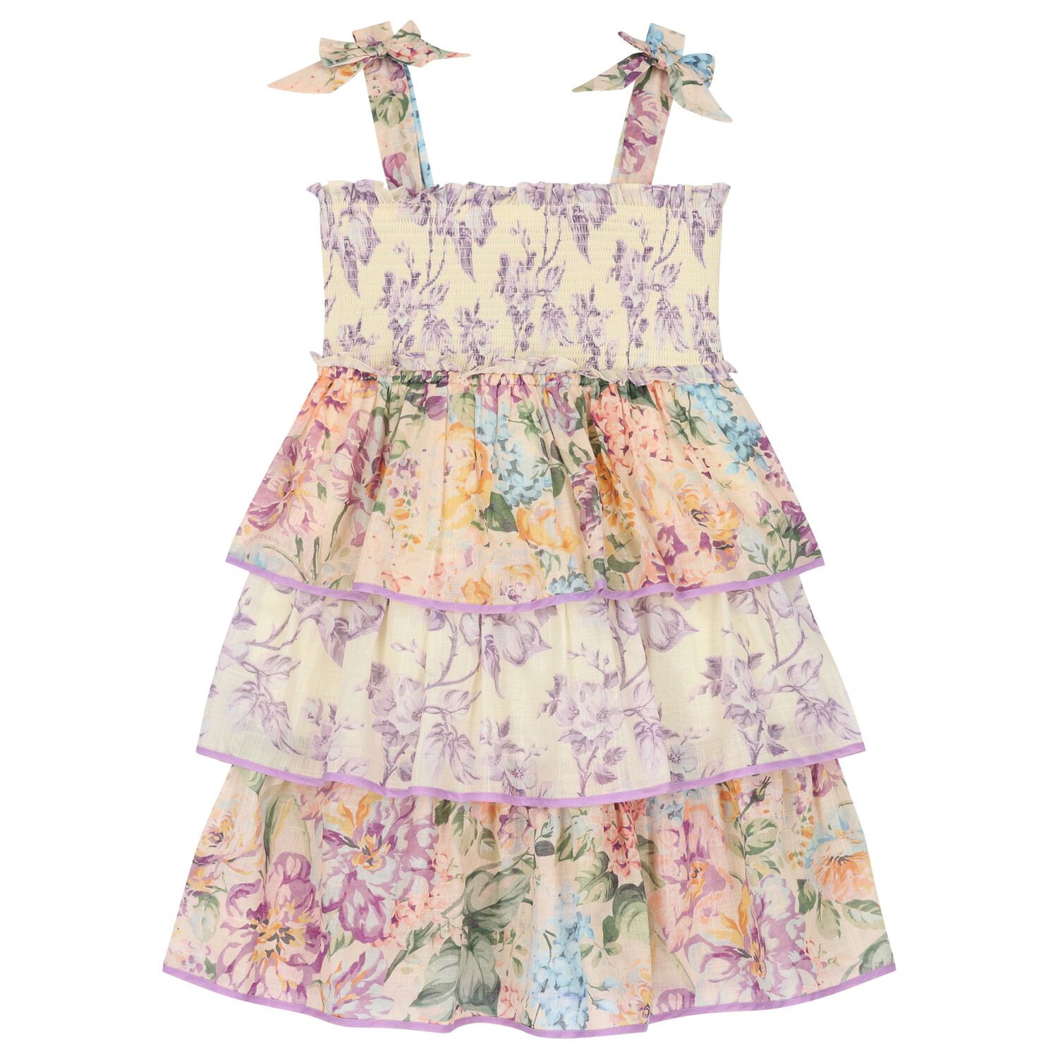 Girls Multi-Coloured Tiered Shirred Dress, 1, hi-res