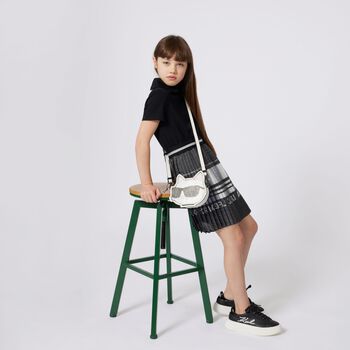 Girls Black & Silver Logo Pleated Dress