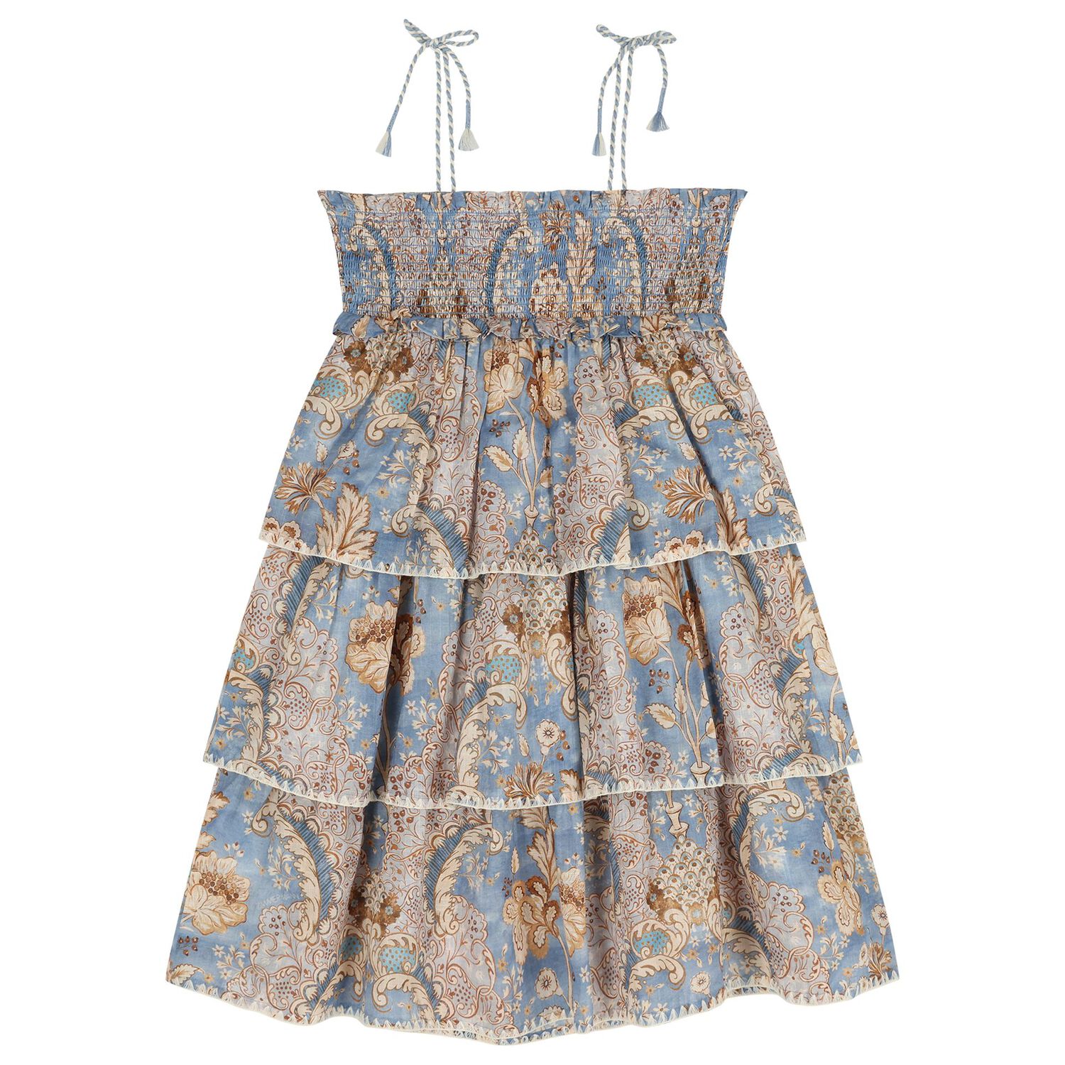 Girls Blue & Beige Floral Tiered Dress, 1, hi-res