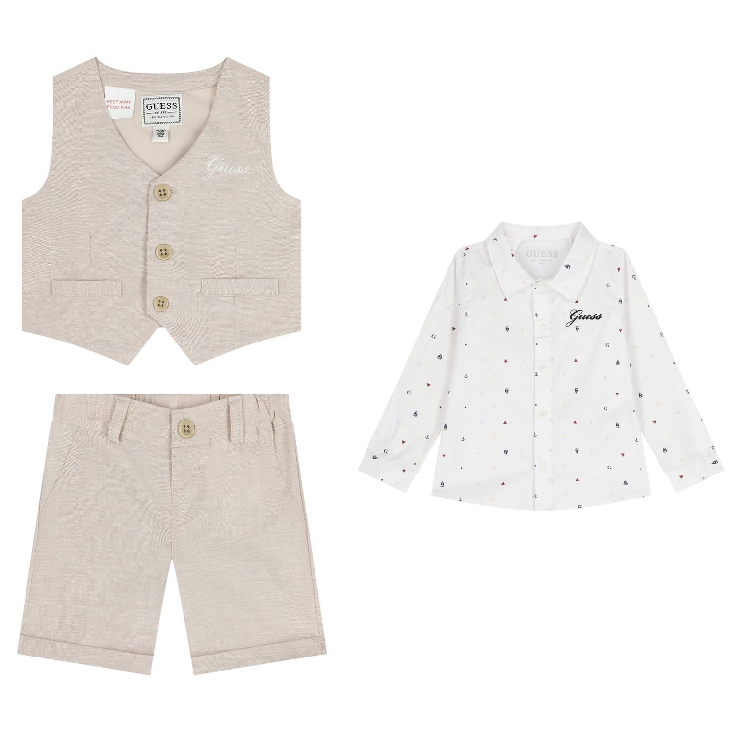 Baby Boys Beige & White Shorts Set, 1, hi-res