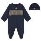 Boys Navy Blue & Gold Logo Babygrow & Hat Gift Set, 1, hi-res