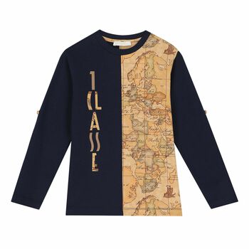 Boys Navy Blue & Beige Geo Map Top