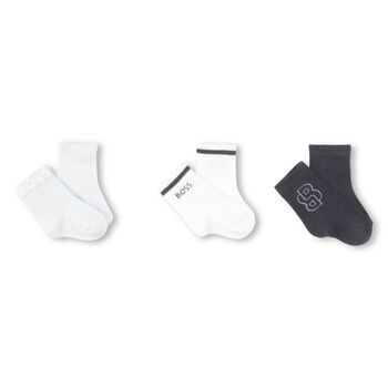 Baby Boys White & Navy Blue Logo Socks ( 3-Pack )