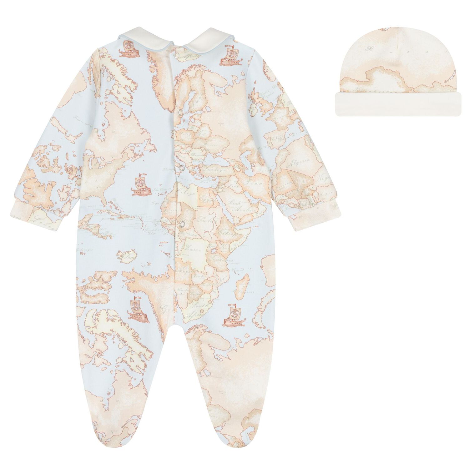 Baby Boys Ivory, Blue & Beige Geo Map Babygrow Set, 2, hi-res