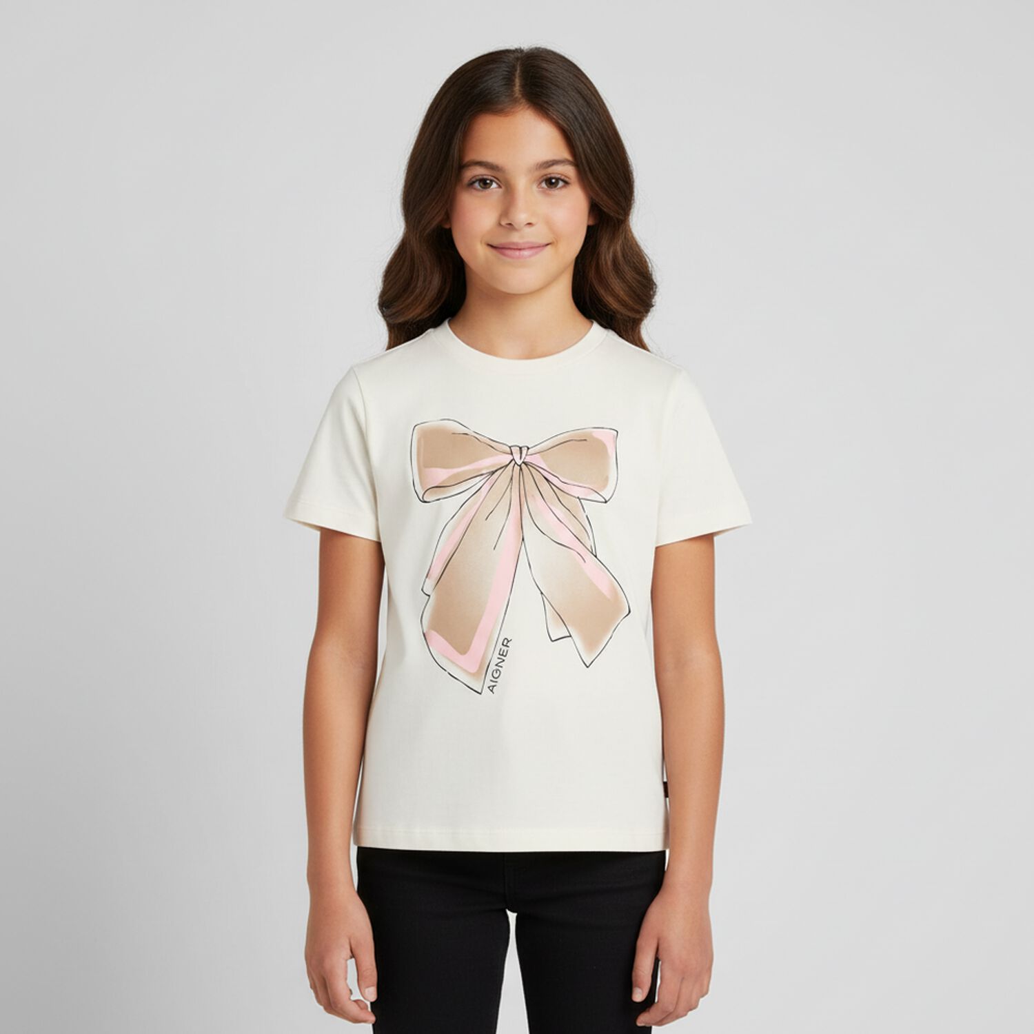 Girls Ivory Bow T-Shirt, 1, hi-res