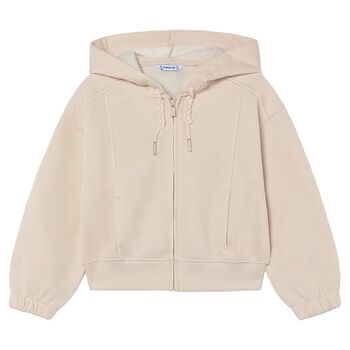 Girls Beige Hooded Zip Up Top