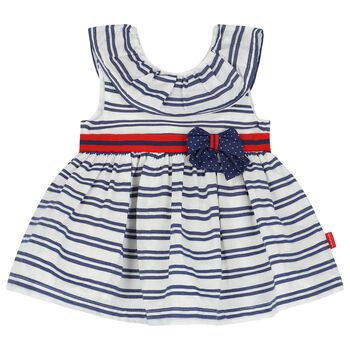 Younger Girls White & Navy Blue Striped Dress