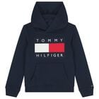 Boys Navy Blue Logo Hooded Top, 1, hi-res