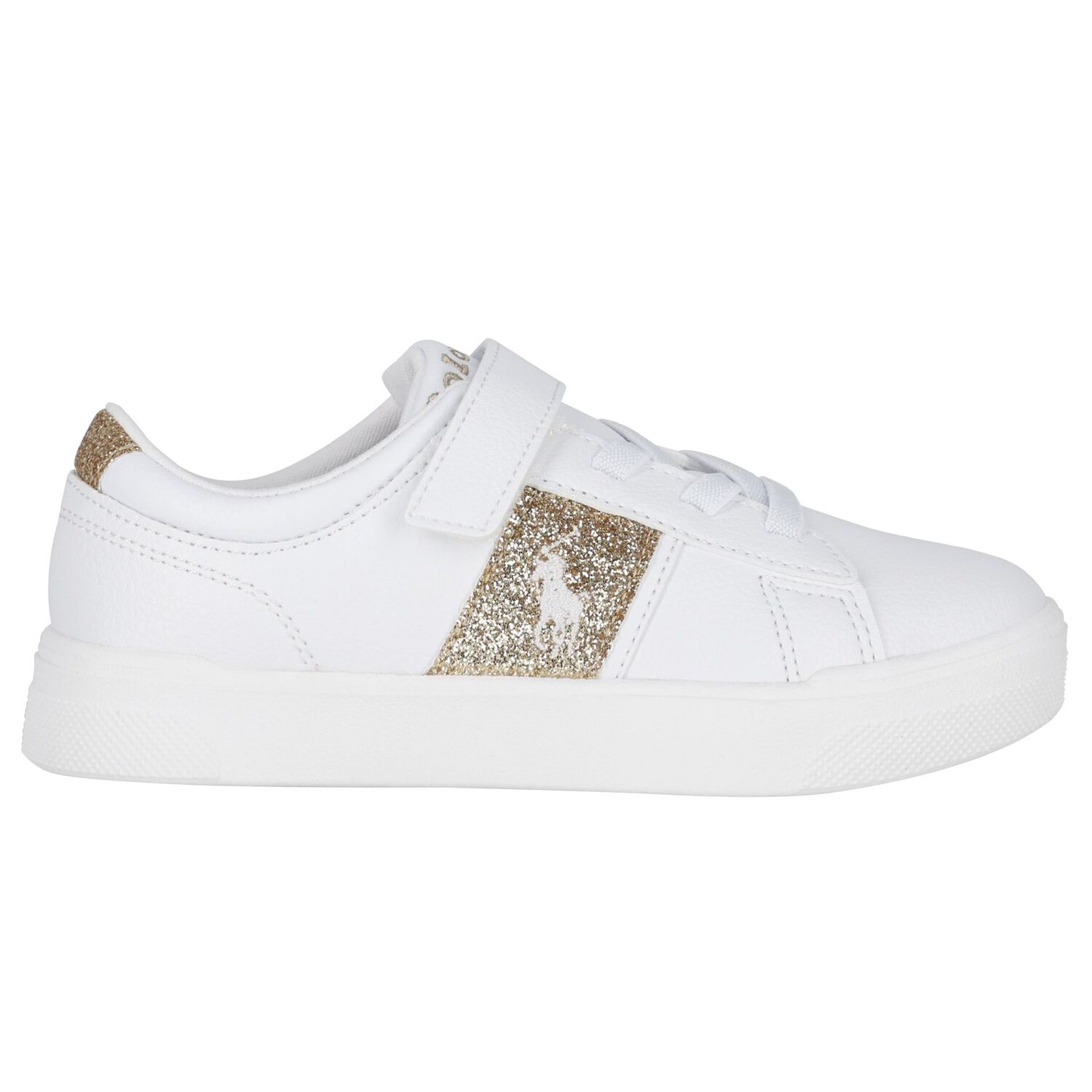 Girls White & Gold Logo Trainers, 1, hi-res