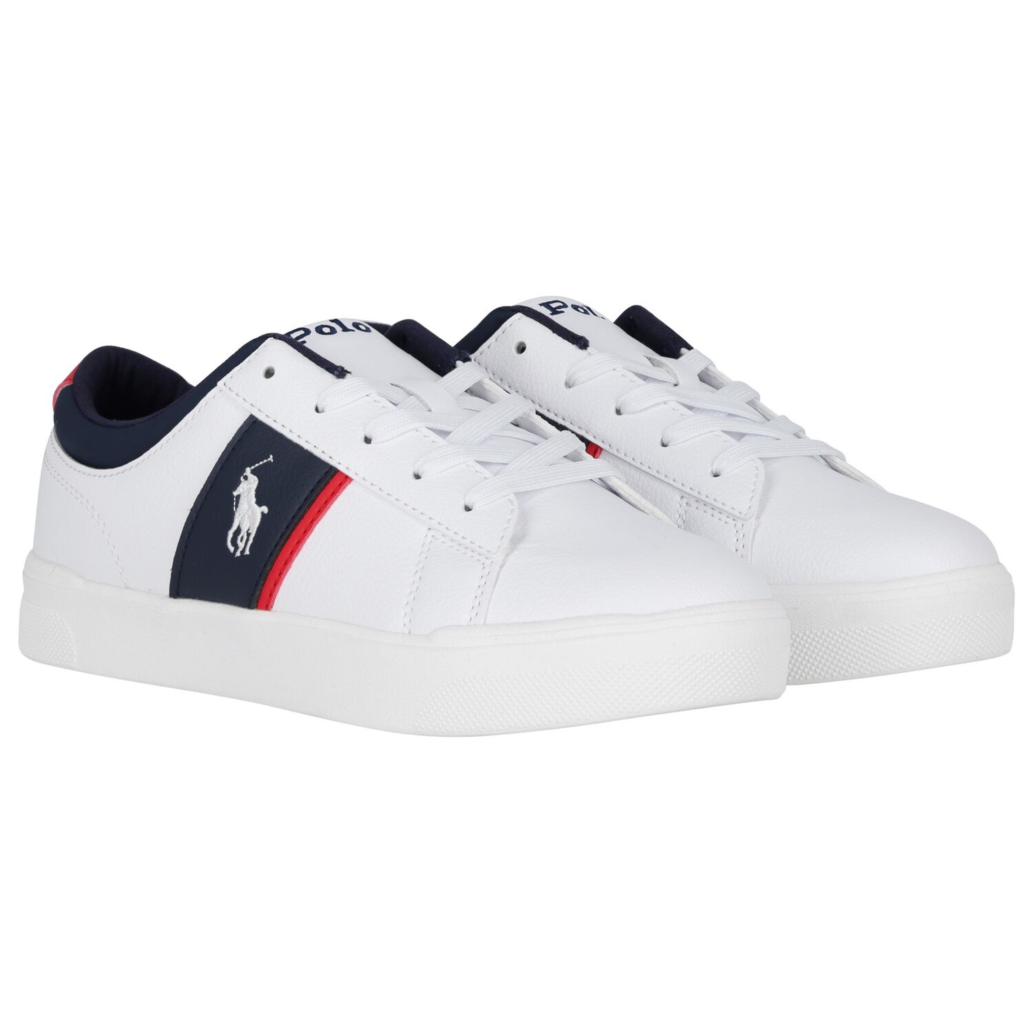 Boys White & Navy Blue Logo Trainers, 1, hi-res
