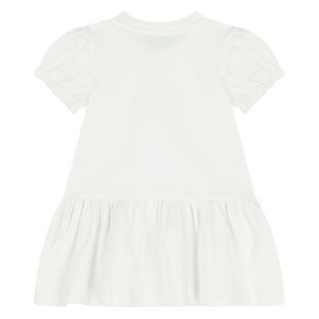 Younger Girls White Teddy Bear Logo Dress