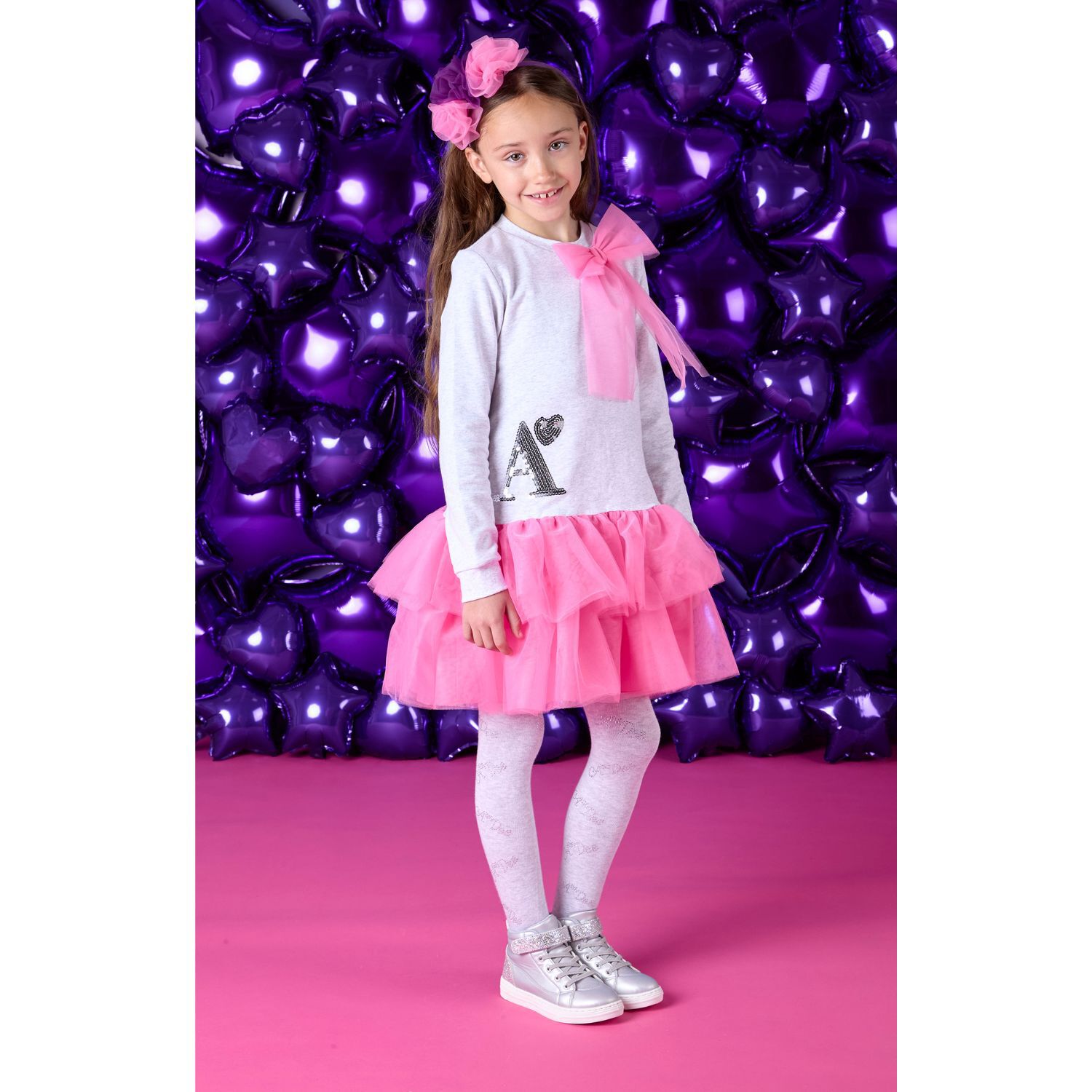 Girls Grey & Pink Logo Tulle Dress, 1, hi-res