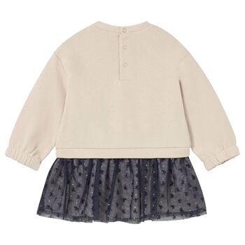 Younger Girls Beige & Navy Blue Star Dress