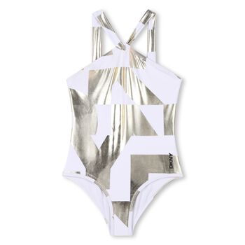 Girls White & Gold Logo Swimsuit
