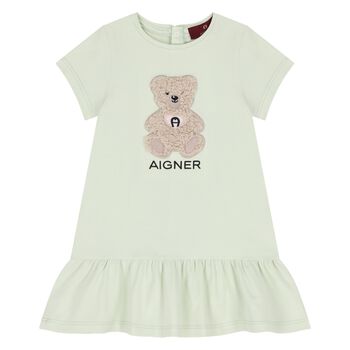 Younger Girls Green Teddy Bear Logo Dress