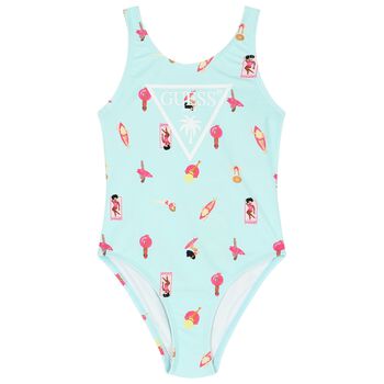 Girls Aqua Printed Logo Swimsuit