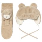 Younger Girls Beige Faux Fur Bear Hat & Scarf Set , 2, hi-res