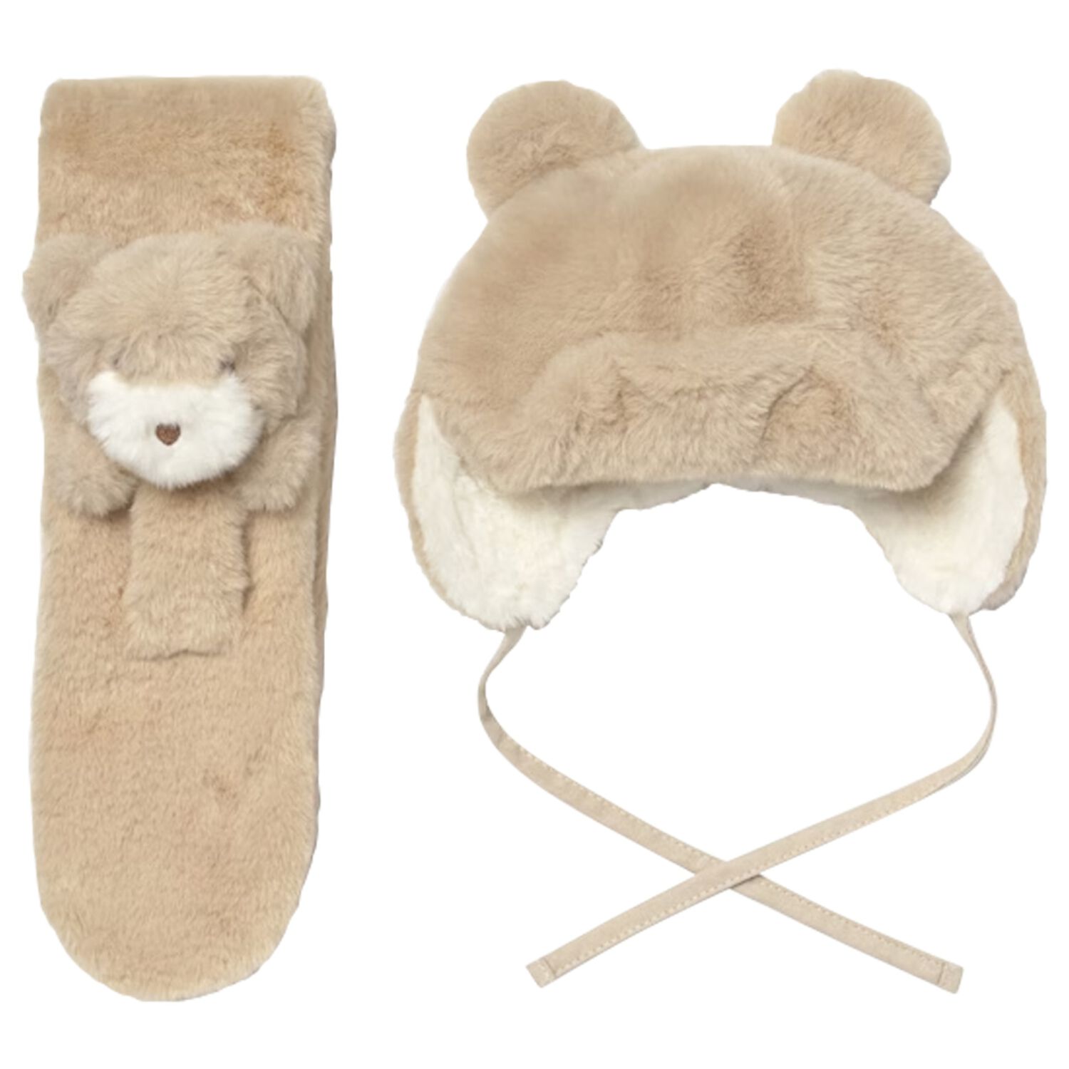 Younger Girls Beige Faux Fur Bear Hat & Scarf Set , 2, hi-res image number null