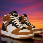 Boys White & Beige Logo Trainers, 1, hi-res