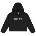 Girls Black Logo Crop Hooded Top, 1, hi-res
