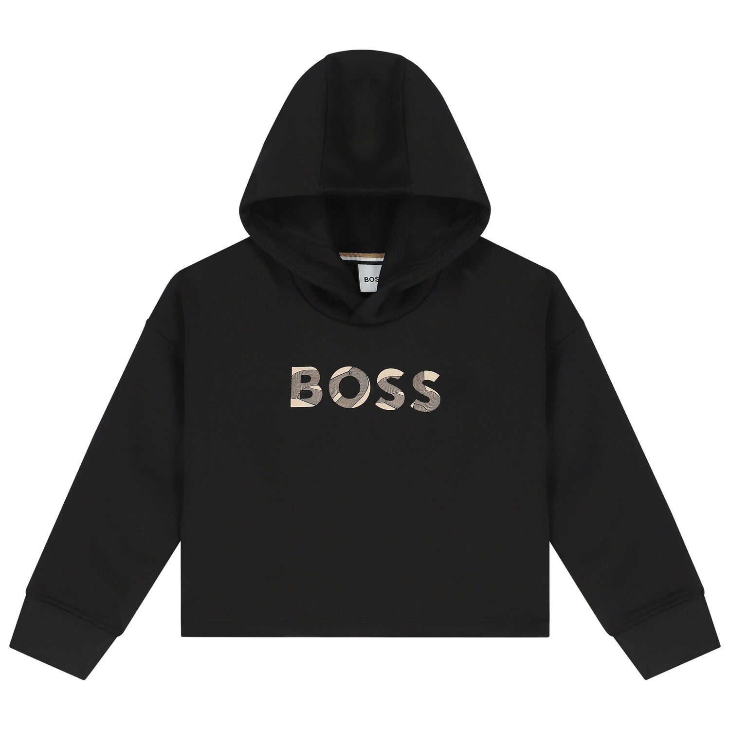 Girls Black Logo Crop Hooded Top, 1, hi-res