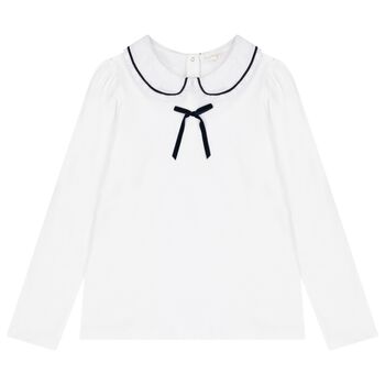 Girls White Bow Long Sleeve Top