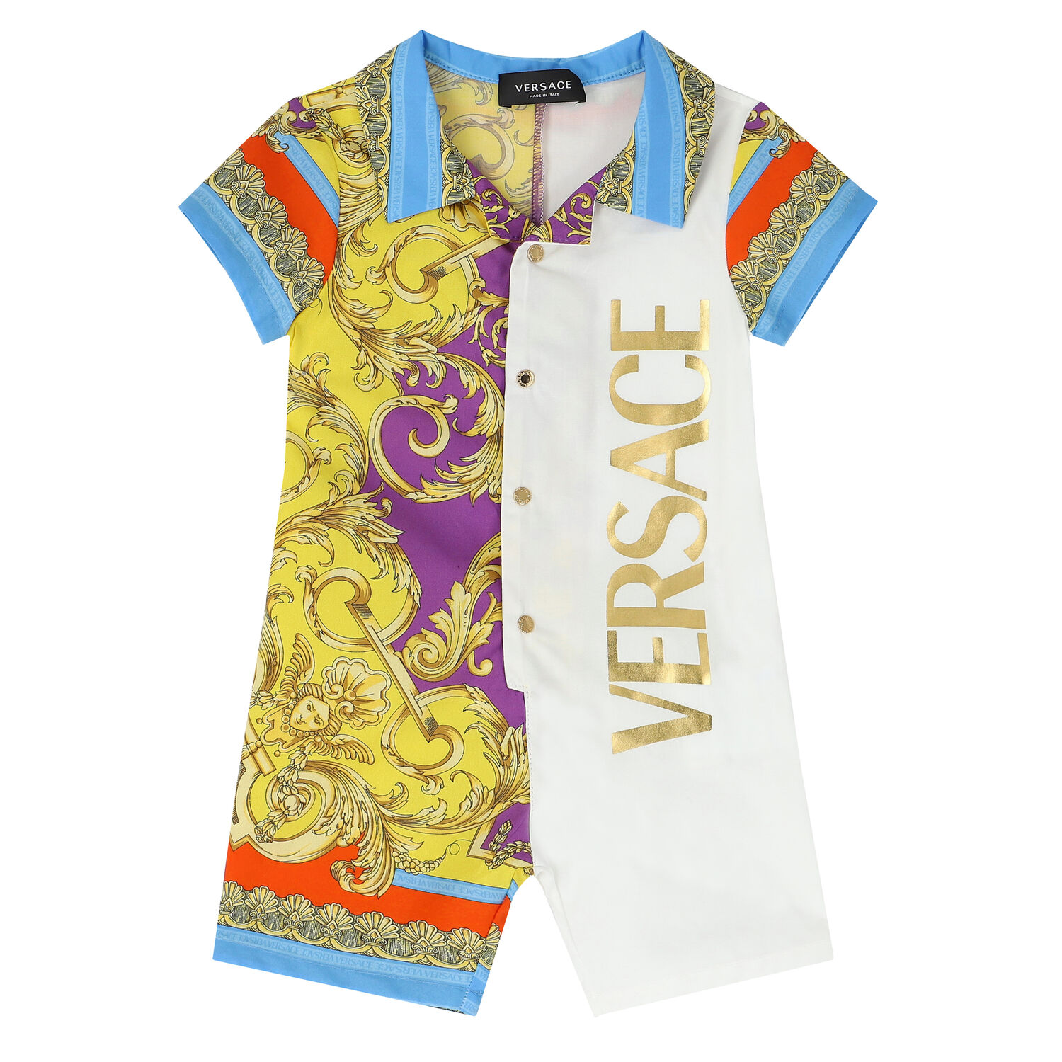 Baby Boys White & Gold Barrocco Logo Romper, 1, hi-res