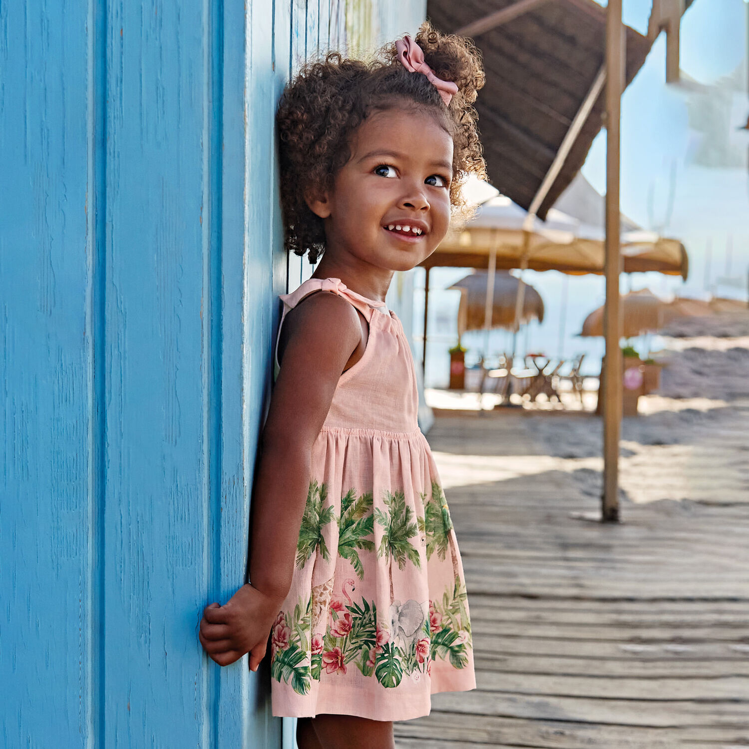 Younger Girls Pink Linen Dress, 1, hi-res