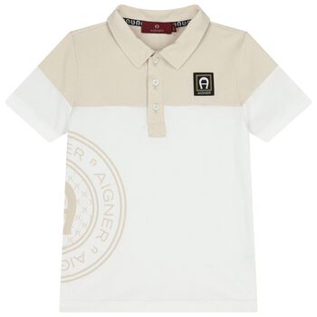 Boys White & Beige Logo Polo Shirt 