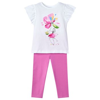 Girls White & Pink Floral Leggings Set