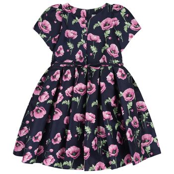 Girls Navy Blue & Pink Floral Satin Dress