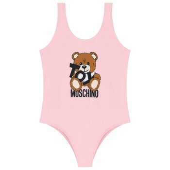 Girls Pink Teddy Bear Logo Swimsuit
