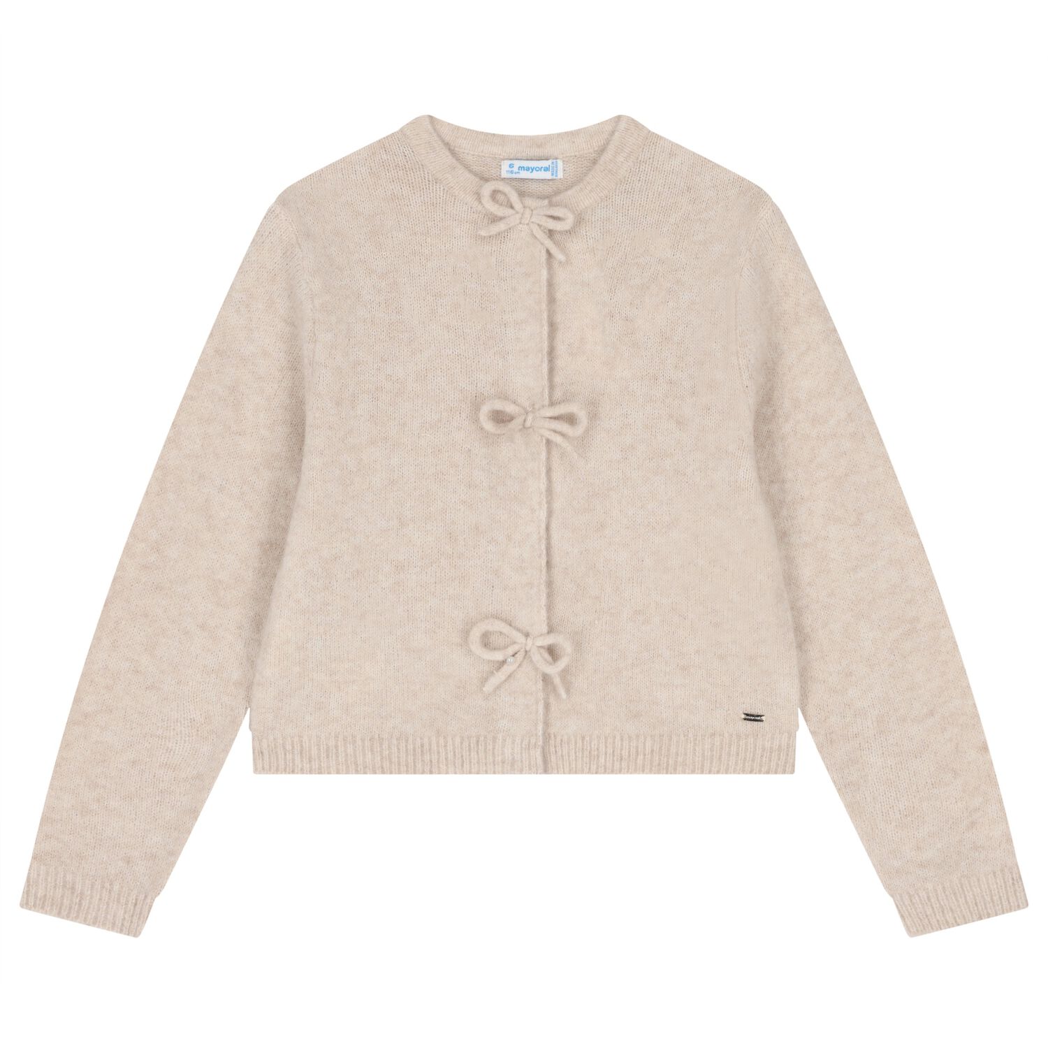 Girls Beige Bow Knitted Cardigan , 3, hi-res