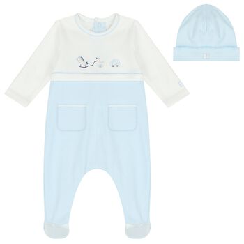 Baby Boys White & Blue Embroidered Babygrow Set