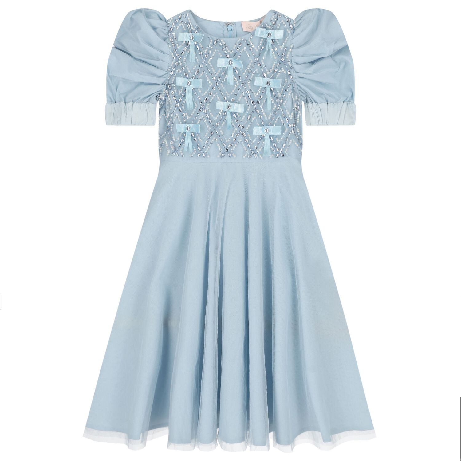 Girls Blue Embellished Crystal Tulle Dress, 1, hi-res