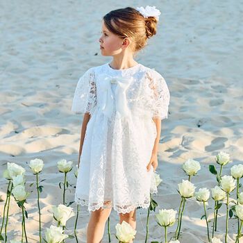 Girls White Chiffon Bow Lace Dress