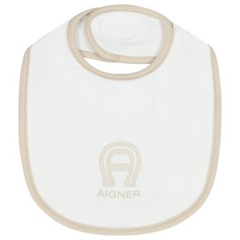 White & Beige Logo Baby Bib