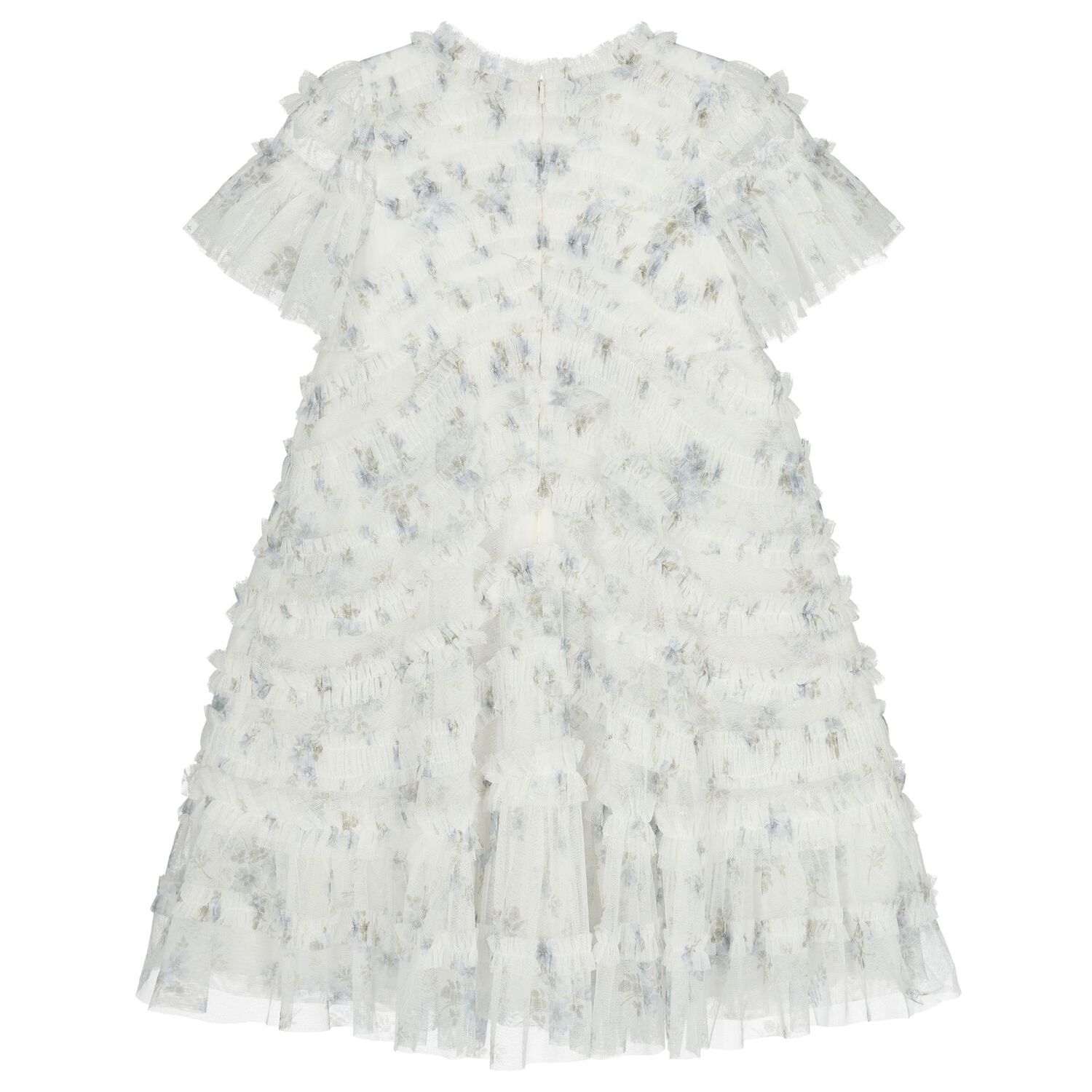 Girls White Floral Ruffled Tulle Dress, 1, hi-res