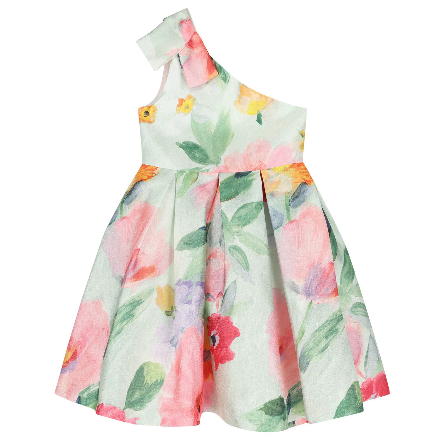 Girls Green Floral Pleated Dress, 1, hi-res