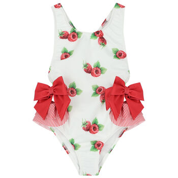 Girls White & Red Raspberries Swimsuit
