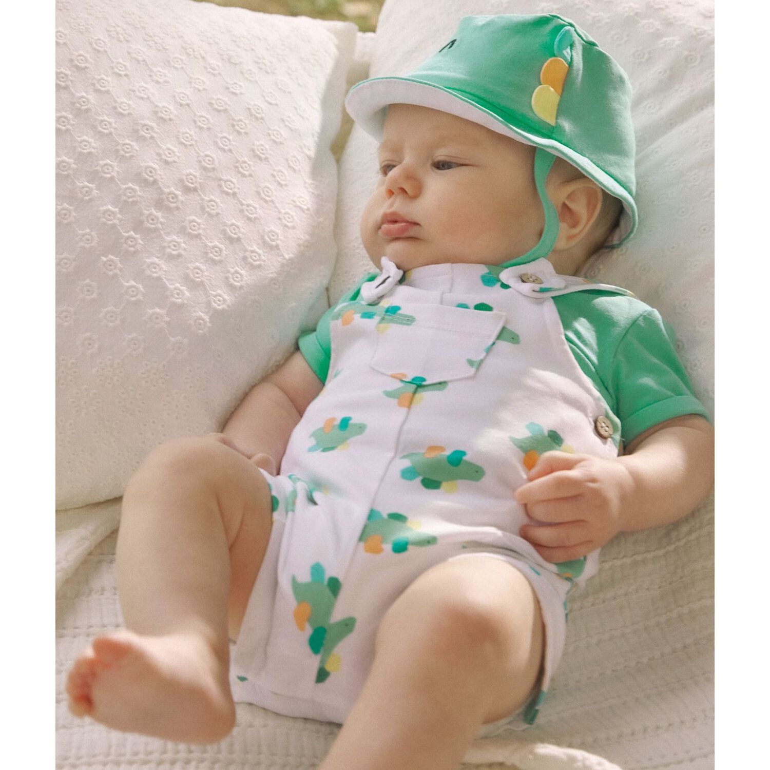 Baby Boys Ivory & Green Dungaree & Hat Set, 2, hi-res