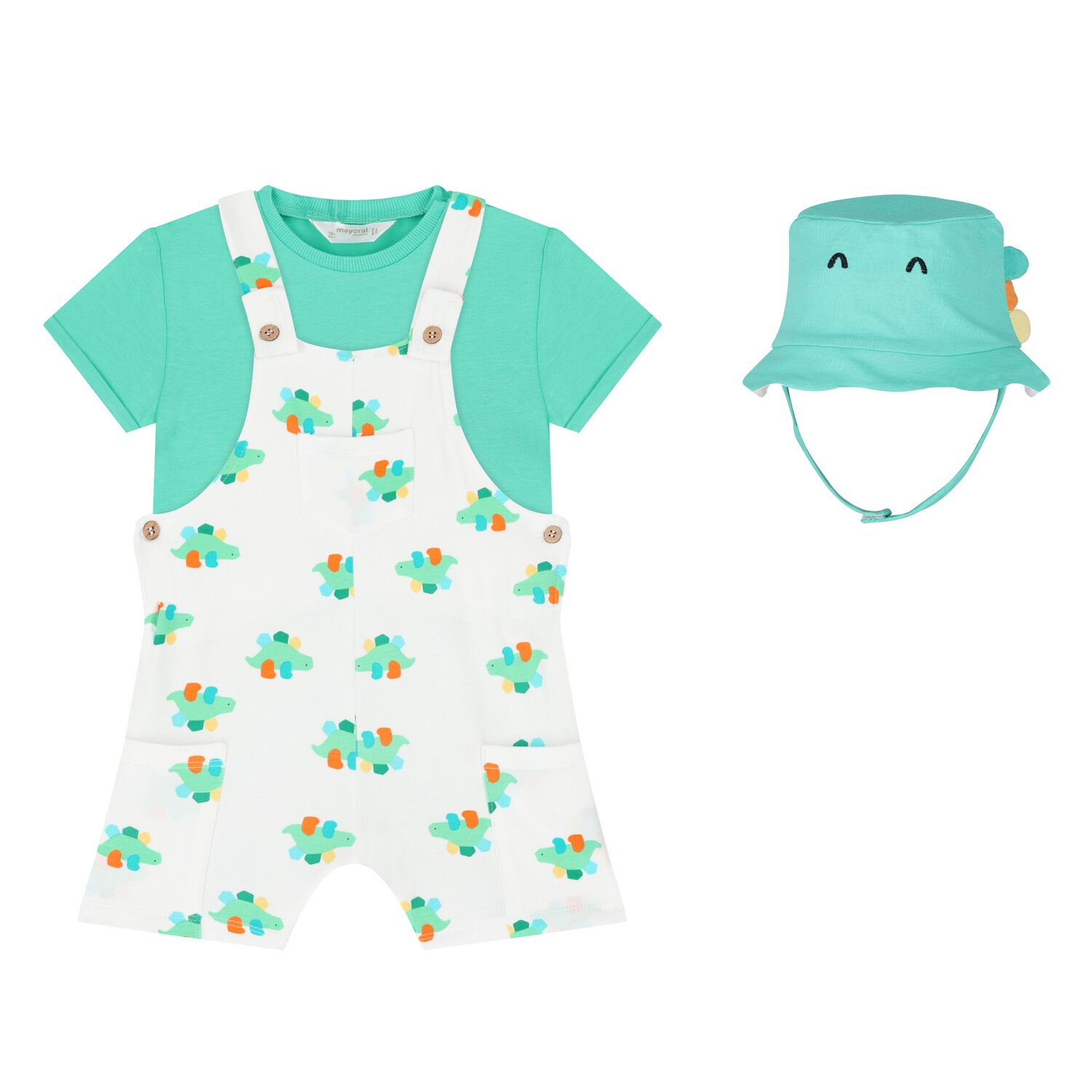 Baby Boys Ivory & Green Dungaree & Hat Set, 2, hi-res