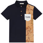 Boys Navy Blue & Beige Logo Geo Map Polo Shirt, 2, hi-res